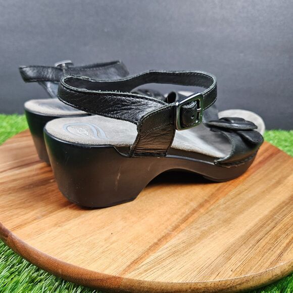 DANSKO Sela Wedge Sandals Womens 38 Slide Black Leather Buckle Casual Slingback - Picture 2 of 11
